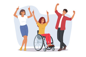 Woman in wheelchairs dances at disco with friends, leading active lifestyle despite limited capabilities. Girls in wheelchairs having fun and enjoying life demonstrating desire to live after accident