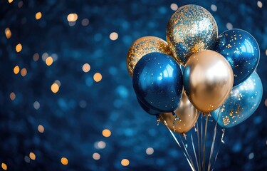 Blue and gold balloons against a dark blue bokeh background.  Perfect for celebrations and festive occasions