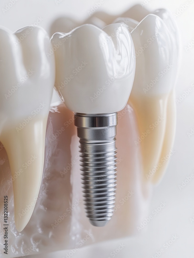 Poster Close-up view of dental implant being placed in a realistic jaw model on minimalistic background with soft shadows and clean lighting