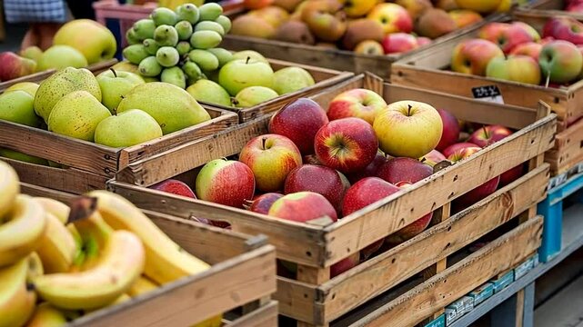 Frischer Obstmarkt mit &Auml;pfeln und Trauben in Holzkisten