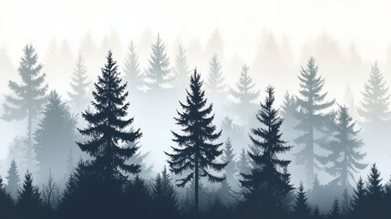 Fototapeta premium Misty pine forest landscape with dense fog covering evergreen trees in a tranquil wilderness scene during early morning