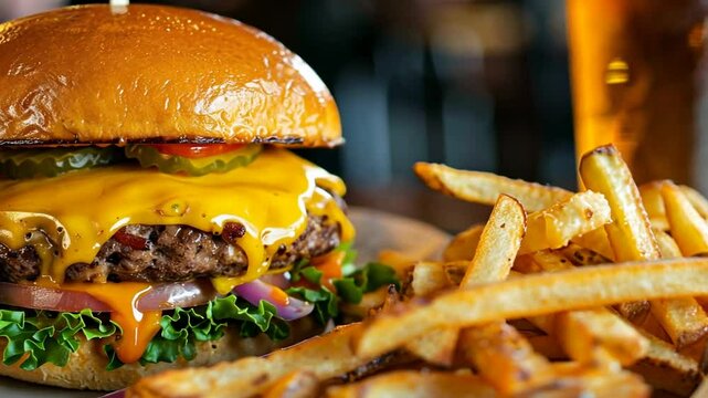 Saftiger Cheeseburger mit knusprigen Pommes serviert