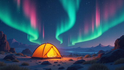 Glowing tent under aurora sky in surreal desert landscape, mystical adventure