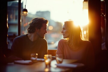 couple man and woman in their 30 discussing in light Italian bistro, both are happy and smiling on each other, stress free conversation of married couple