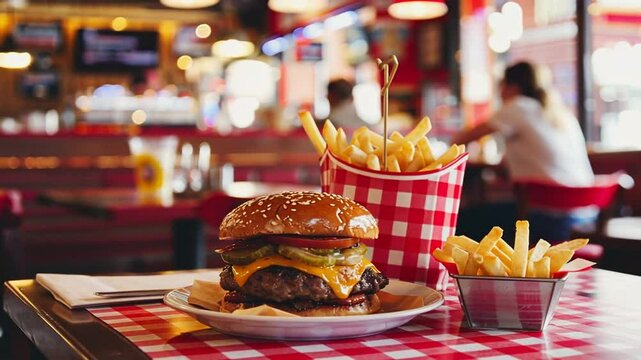 Klassisches amerikanisches Burger-Men&uuml; mit Pommes und Softdrink