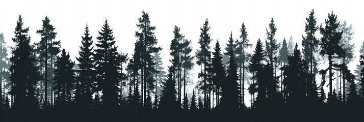 Misty pine forest landscape with dense fog covering evergreen trees in a tranquil wilderness scene during early morning

