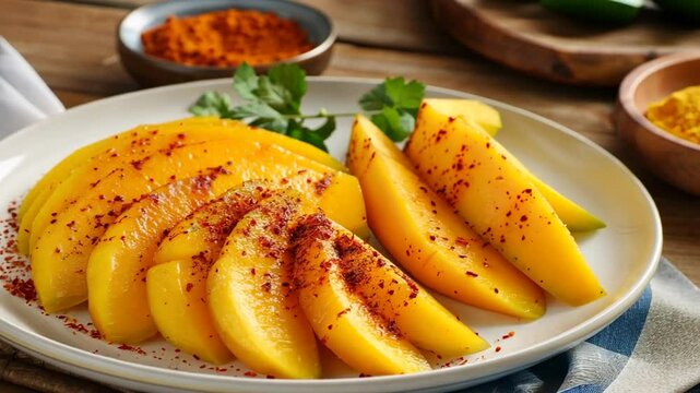 Gew&uuml;rzte Mangoscheiben mit Chiliflocken und Limette