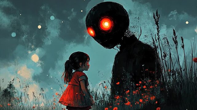 A girl in a red dress stands fearlessly before a mysterious figure with glowing eyes in a twilight field filled with flowers