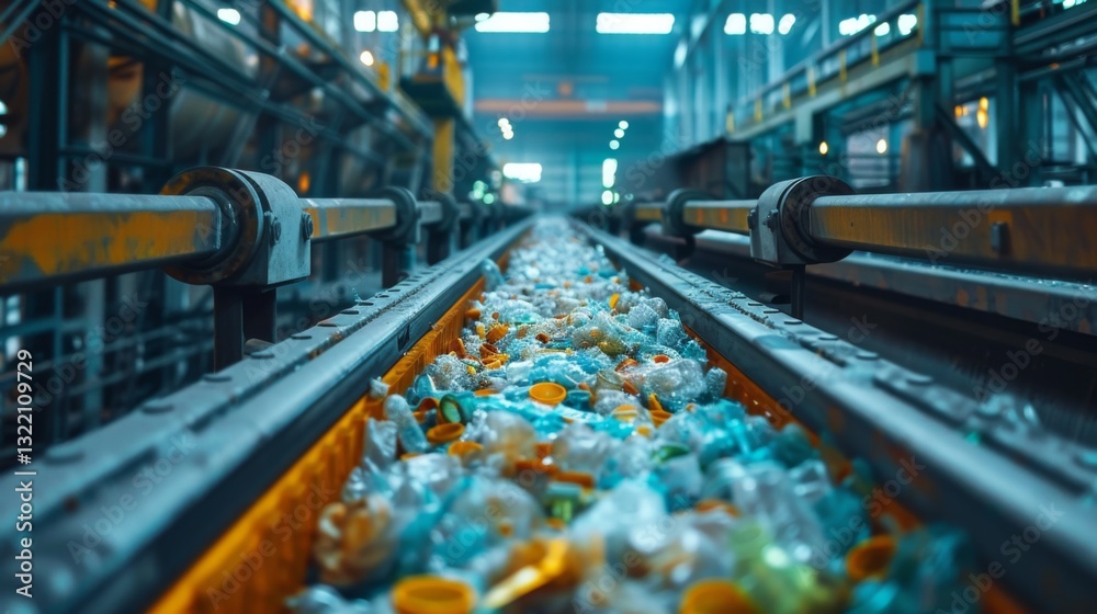 Poster plastic bottles and containers are flowing along a conveyor belt in a waste processing facility. the