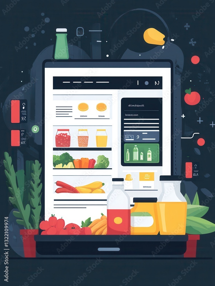 Fototapete Stylized flat design illustration of an online grocery order summary displayed on a modern digital screen in a professional setting