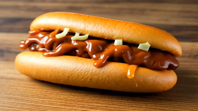 Leckere Hotdogs mit w&uuml;rzigem Topping auf rustikalem Teller serviert