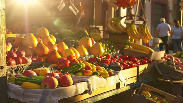 Marktstand mit frischem Obst und Gem&uuml;se in leuchtenden Farben