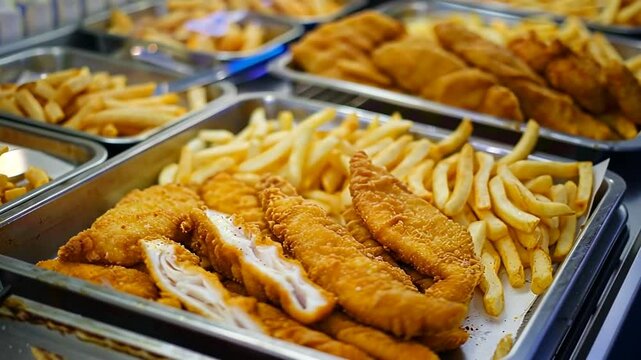 Knuspriger Fisch mit Pommes an einem Schnellimbiss serviert