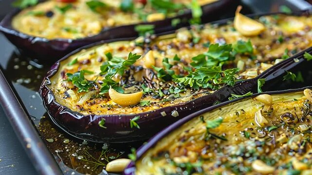 Gebackene Auberginenh&auml;lften mit mediterranen Kr&auml;utern serviert