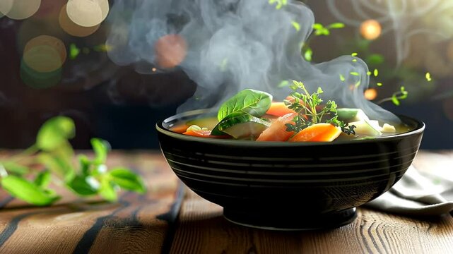 W&uuml;rzige Nudelsuppe mit frischen Zutaten in einer dampfenden Schale