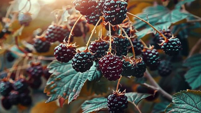 Reife Brombeeren an einem Strauch mit Tautropfen bedeckt