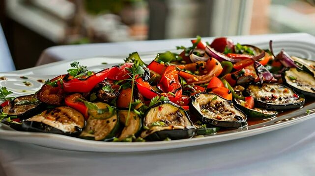 Gegrilltes Gem&uuml;se mit frischen Kr&auml;utern auf rustikalem Tisch serviert