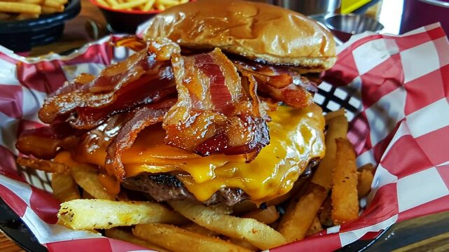 Doppeldecker Bacon Cheeseburger mit geschmolzenem K&auml;se serviert