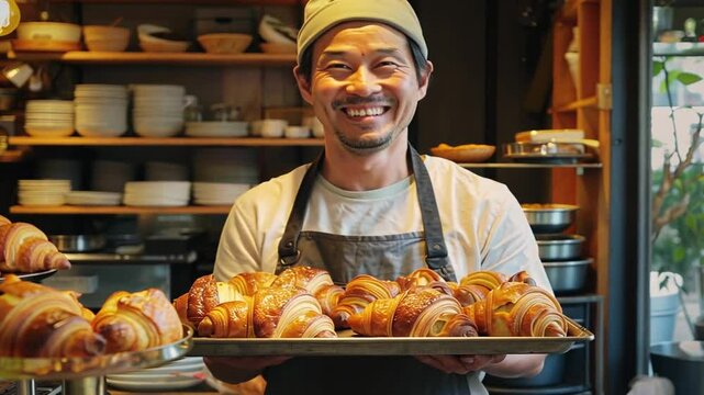Gl&uuml;cklicher B&auml;cker mit frischen Croissants in der B&auml;ckerei
