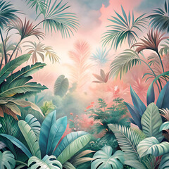 A lush tropical jungle with vibrant foliage and a soft pink sky.
