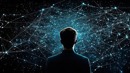 A person analyzing a web of digital connections, futuristic thinker navigating big data and AI-driven networks, deep in thought within a high-tech digital universe of information.