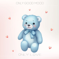 Cute Watercolor Teddy Bear – Fluffy Plush Toy Holding a Tiny Gift in Soft Pastel Colors