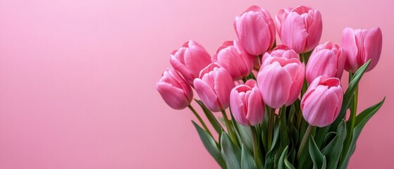 Obraz premium Bunch of Vibrant Pink Tulips with Green Leaves on a Pink Background Concept of Spring, Mothers Day, and Floral Beauty