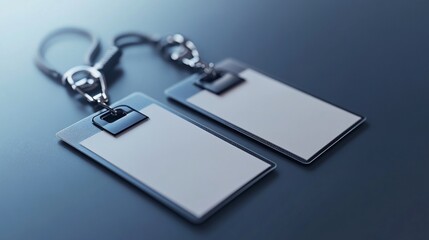 Two blank ID badges with lanyards on dark surface