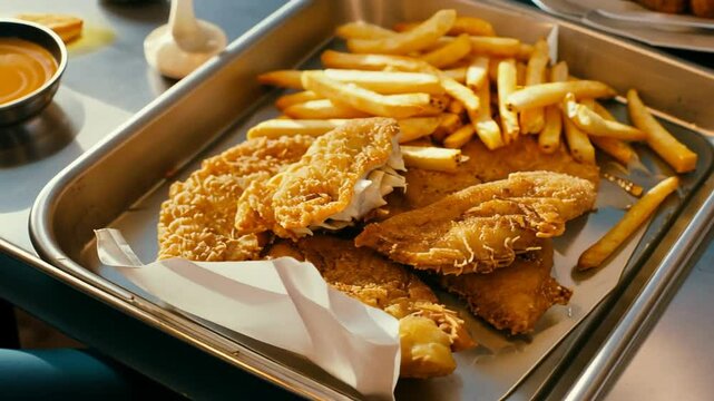 Knuspriges Fischfilet mit Pommes auf rustikalem Teller