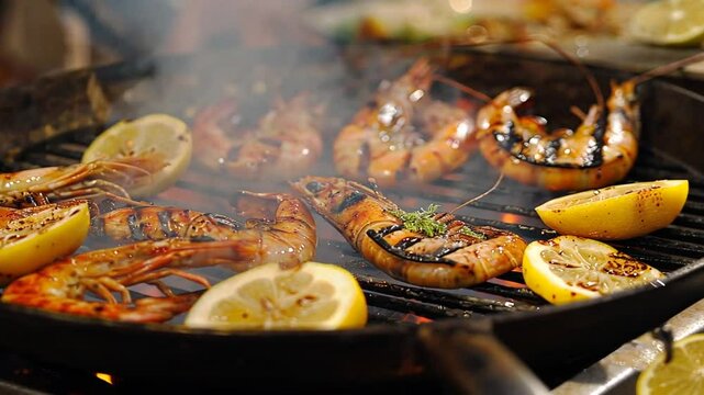 Gegrillte Garnelen mit Zitronenscheiben und Kr&auml;utern serviert