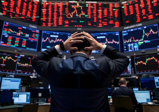 Man Showing Stress Amid Stock Market Crash, Chaotic and Dramatic Scene
