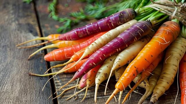 Bunte Karotten mit frischen Bl&auml;ttern auf rustikalem Tisch