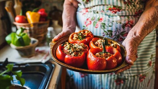 Gef&uuml;llte Paprika mit Hackfleisch in rustikaler K&uuml;che zubereitet