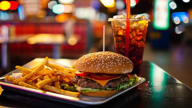 Saftiger Burger mit Pommes und Softdrink serviert