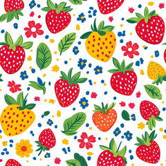 Bright strawberries and colorful flowers create a lively, cheerful pattern perfect for summer celebrations. Seamless pattern. Generative AI