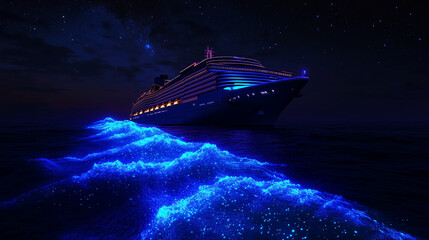 A cruise ship sailing through glowing bioluminescent waters at night. A mesmerizing and otherworldly maritime scene