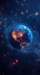 Obraz premium Abstract digital rendering of Earth at night, glowing with city lights and surrounded by swirling particles. Deep blue and orange hues dominate the image