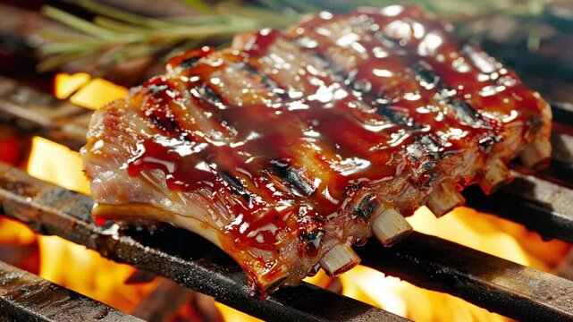 Rippchen mit BBQ Sauce auf rustikalem Holzteller