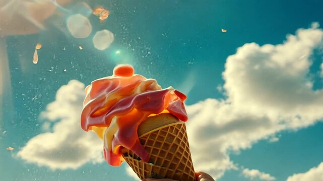 Doppelte Eiswaffel mit tropischem Sorbet unter blauem Himmel