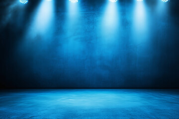 Estudio de pared abstracto con fondo azul para exhibir sus productos. Escena oscura y vacía, luz de reflector de neón azul