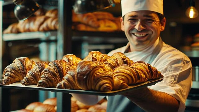 B&auml;cker lacht und pr&auml;sentiert frische Croissants aus eigener Herstellung