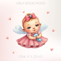  Watercolor Baby Girl Illustration – Cute Sleeping Infant with a Tiny Bow and Rosy Cheeks