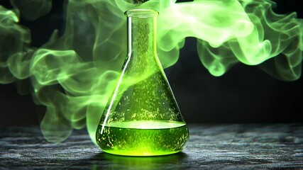 Green bubbling liquid in a lab flask with swirling smoke in background