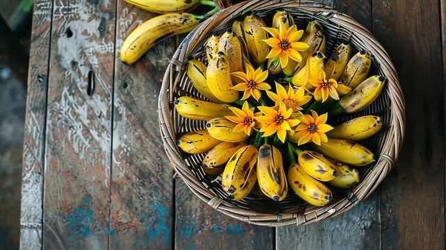 Korb mit reifen gelben Bananen und Blumen auf Holzuntergrund