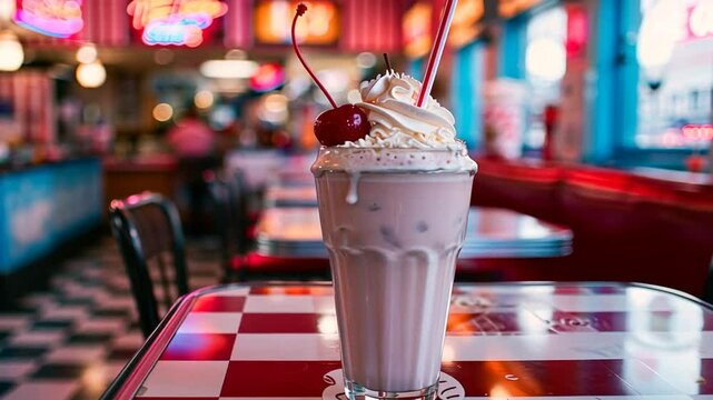 Vanille-Milchshake mit Kirsche in einem Retro-Diner