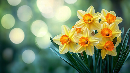Vibrant daffodils in full bloom, ideal for spring-themed designs, greeting cards, and floral decorations for Easter and Mother's Day celebrations.