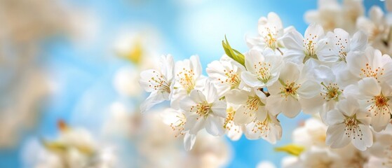Naklejka premium Delicate white cherry blossoms blooming against a soft blue sky in springtime, symbolizing renewal and beauty