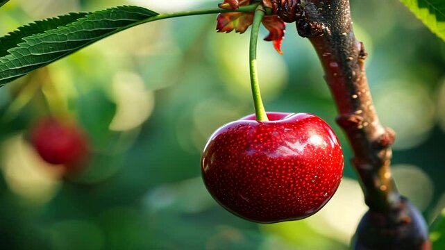 Reife rote Kirsche h&auml;ngt an einem gr&uuml;nen Zweig mit Sonnenlicht