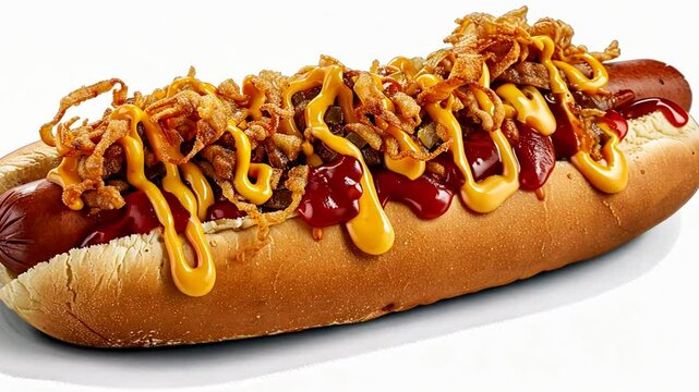 Hotdog mit geschmolzenem K&auml;se und knusprigen Zwiebeln serviert