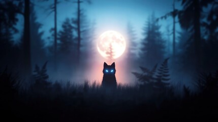 Silhouetted black cat with glowing eyes sits in a misty forest under a large full moon.